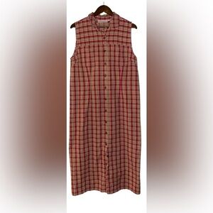 Rhythm Blue Women Red Plaid Shirtdress Maxi‎ Large Button Up Cotton Academia